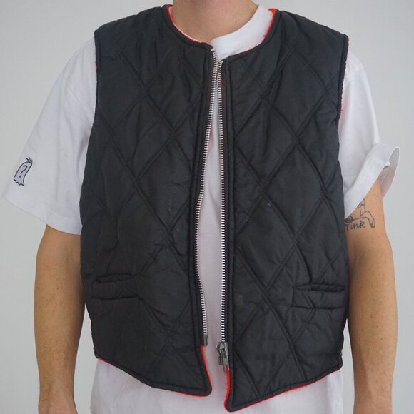 Vintage '70S Black Red Quilted Puffer Zip Up Vest Jacket Size Medium - Picture 2 of 11